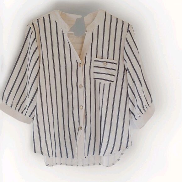 Shein Ivory Striped Button Up Blouse Size Large Shirt Sleeve - Picture 1 of 6